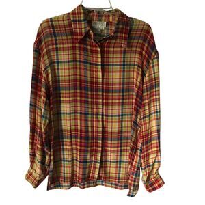 Tess Blouse Medium Womens Silk Vintage Plaid Button Up Long Sleeve Multi Color M